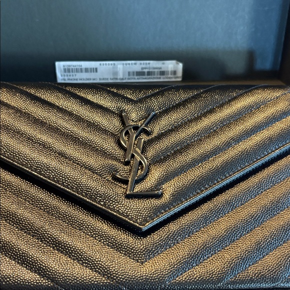 YSL Grain De Poudre Matelasse Chevron Monogram Monochrome Chain Wallet Black - Picture 9 of 13